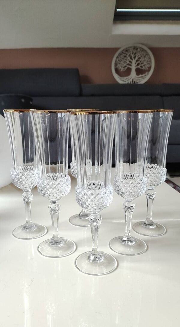 Lot 6 x Flûtes à Champagne cristal/Mod Valencay Gold/Cristal d Arques