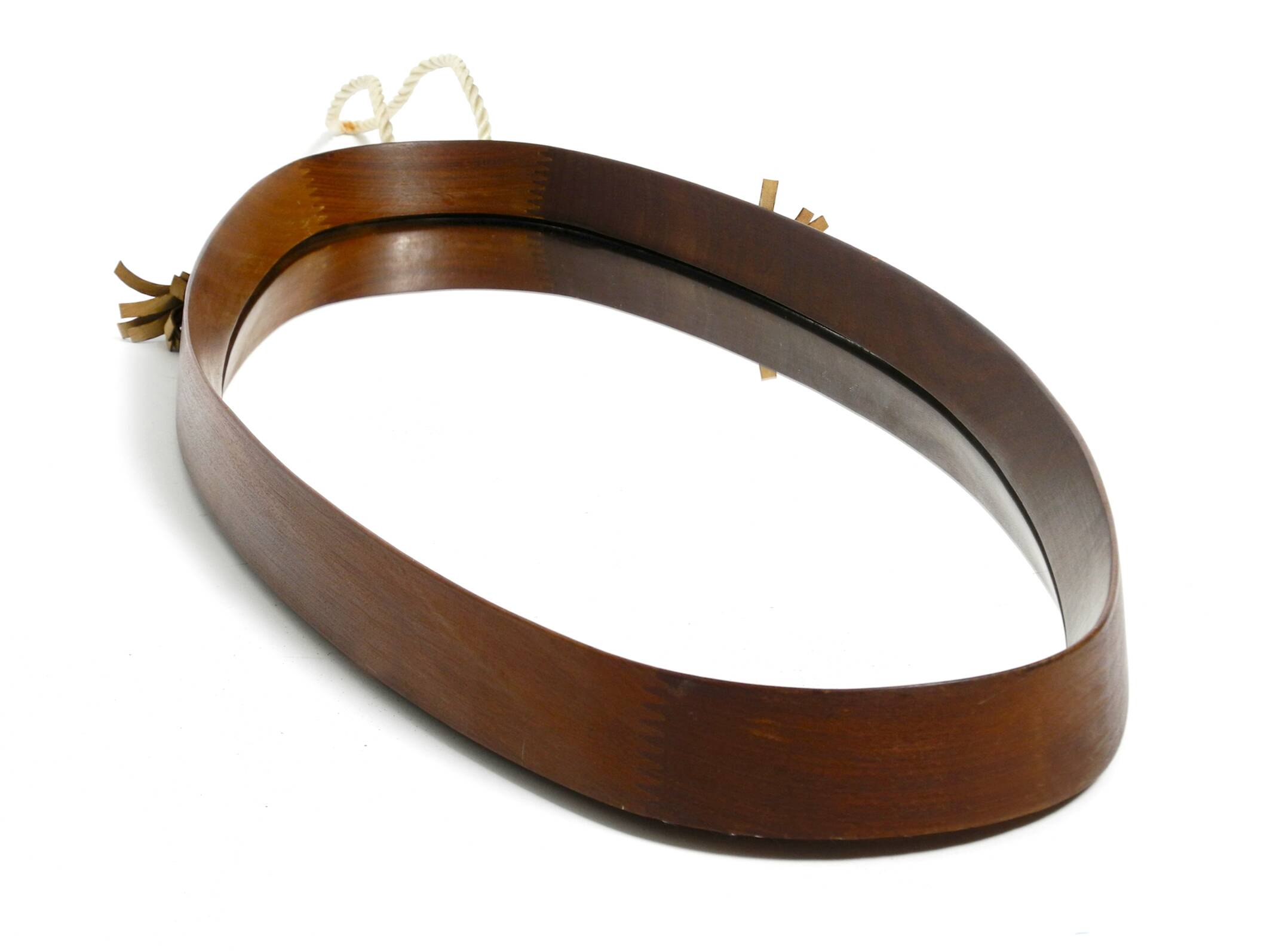 1960s oval large teak wall mirror with thick nylon rope | Made in Italy