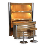 Suede and chrome dry bar with barstools in cognac, italy 1970s