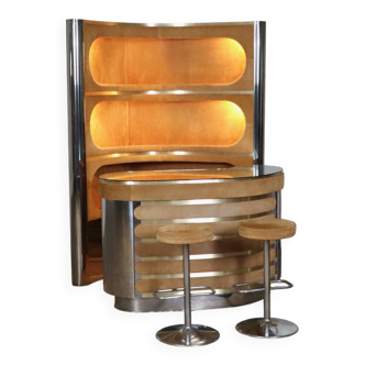 Bar en daim et chrome avec tabourets de bar en cognac, Italie années 1970