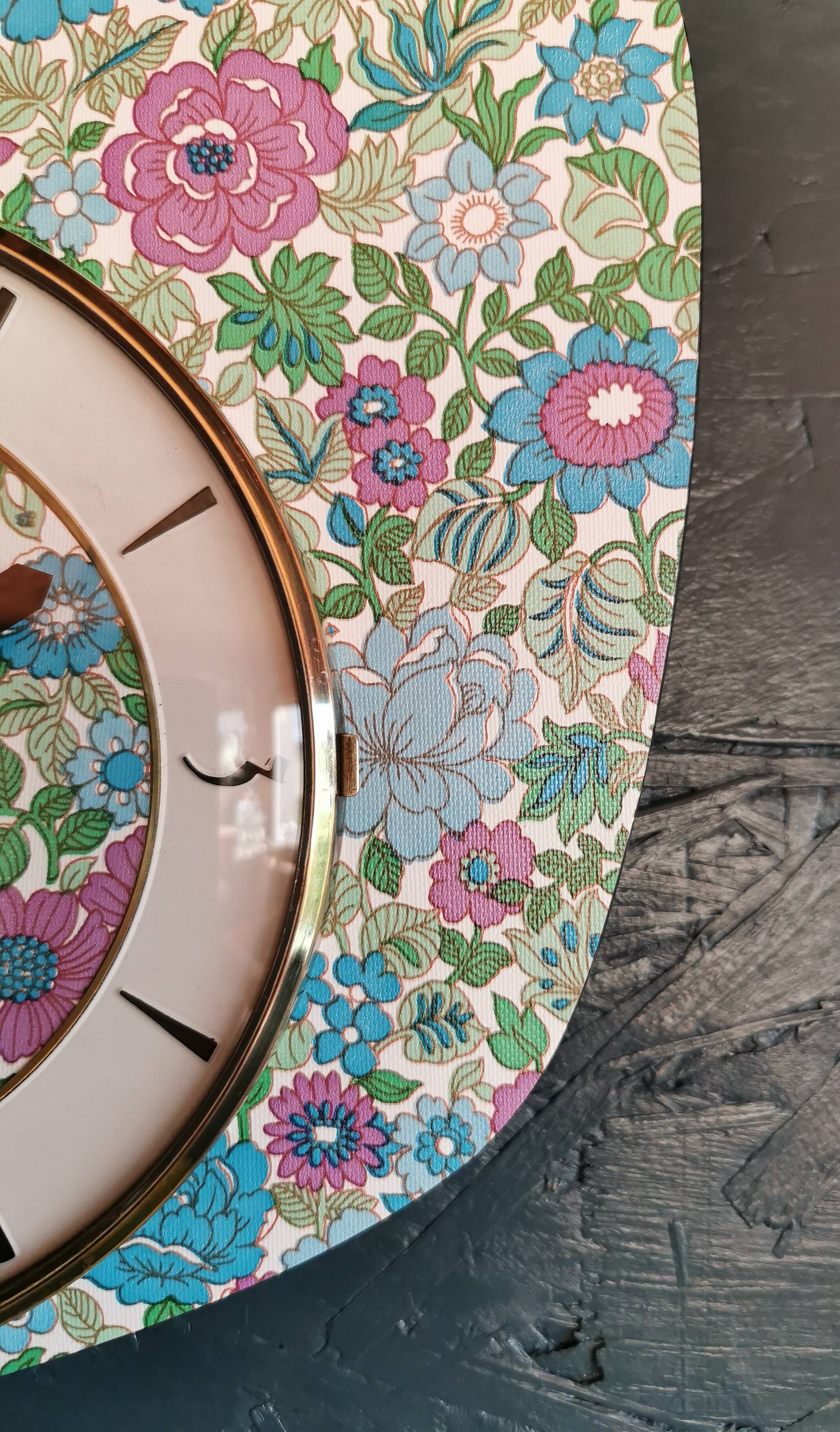 Vintage formica clock silent asymmetrical wall pendulum "Flowered blue purple"