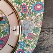 Vintage formica clock silent asymmetrical wall pendulum "Flowered blue purple"