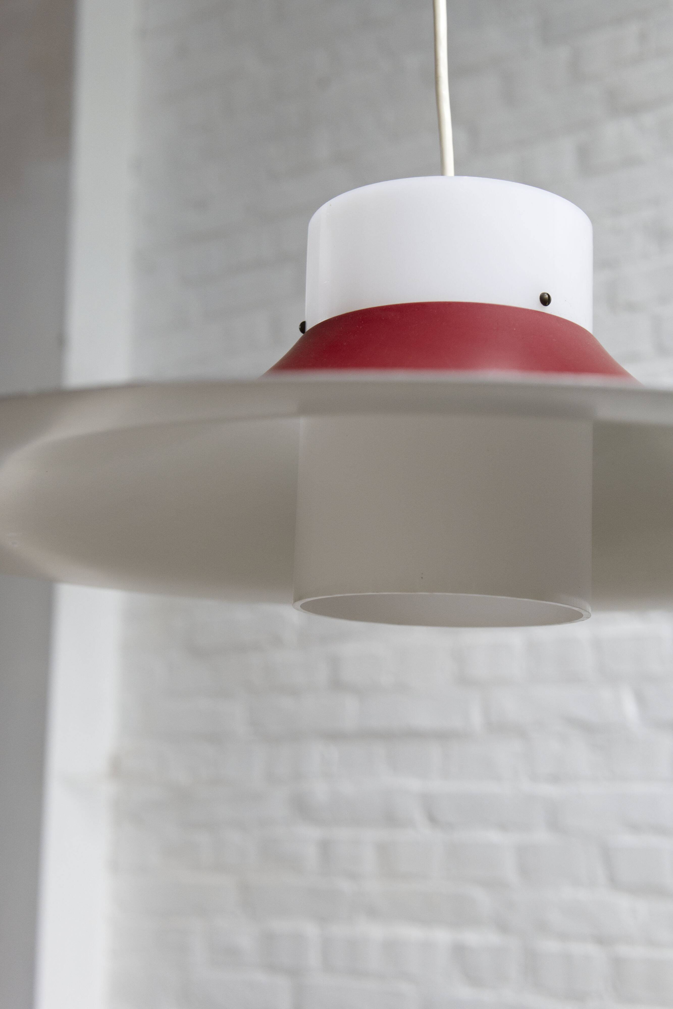 Danish red metal and opal plastic pendant lamp, 1960s