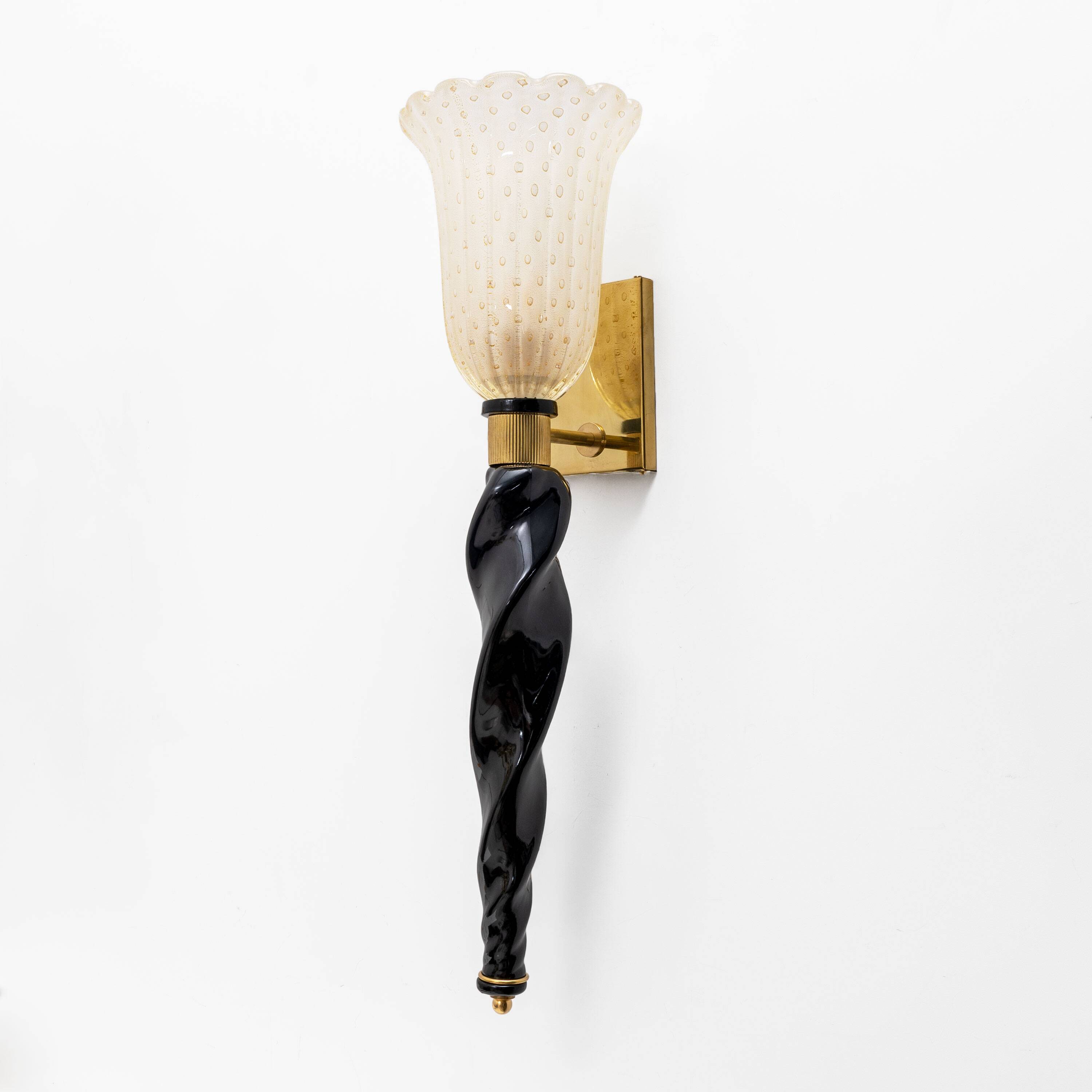 Pair of Italian Murano Glass  Sconces with Gold Dust Inclusions and Brass