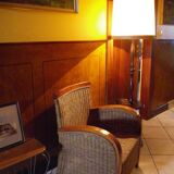 Wooden 1960s lamppost with large lampshade