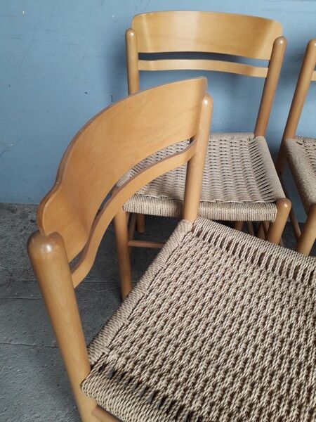 Serie 4 chairs wood and rope ep 1970/80 design