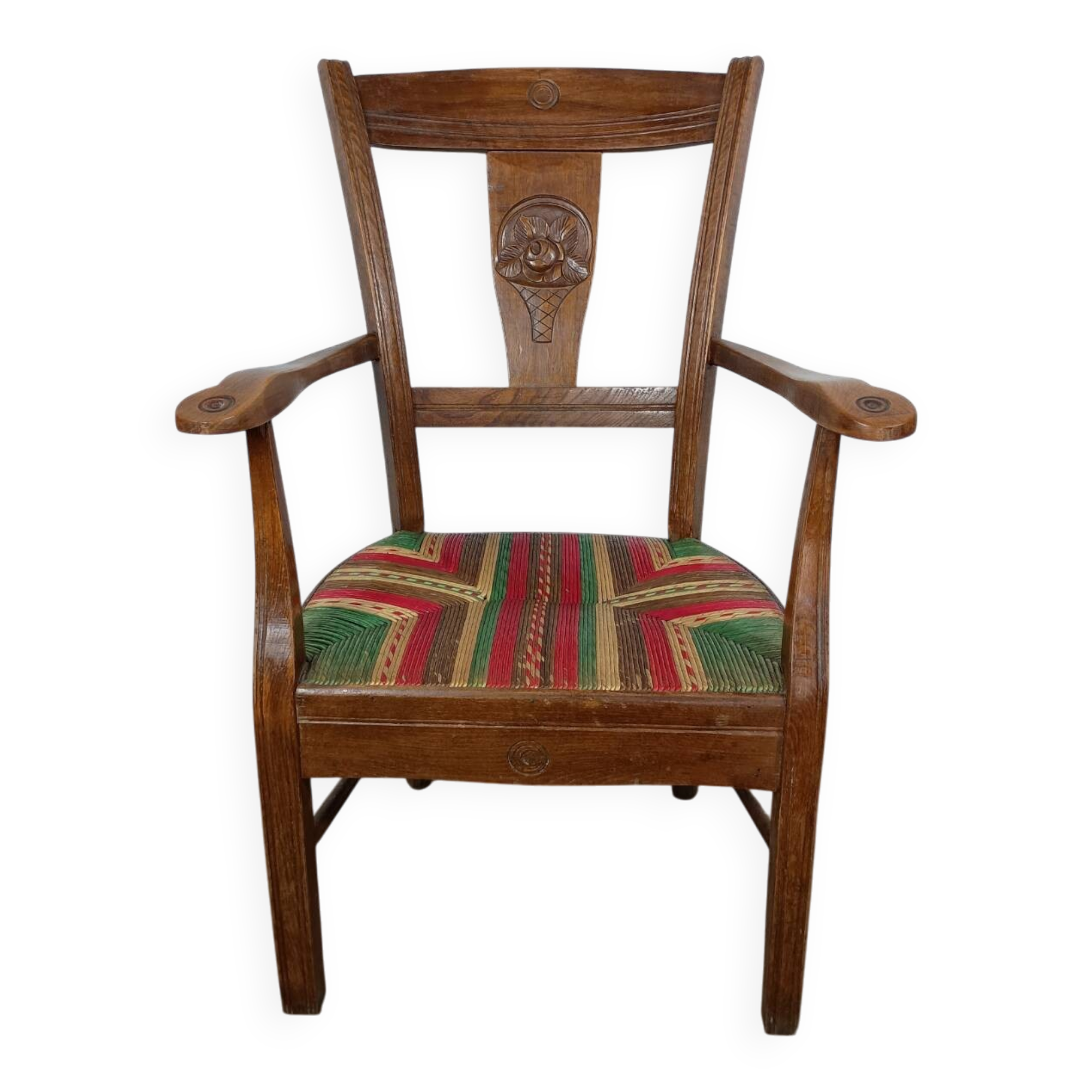 Art Deco wood and straw armchair