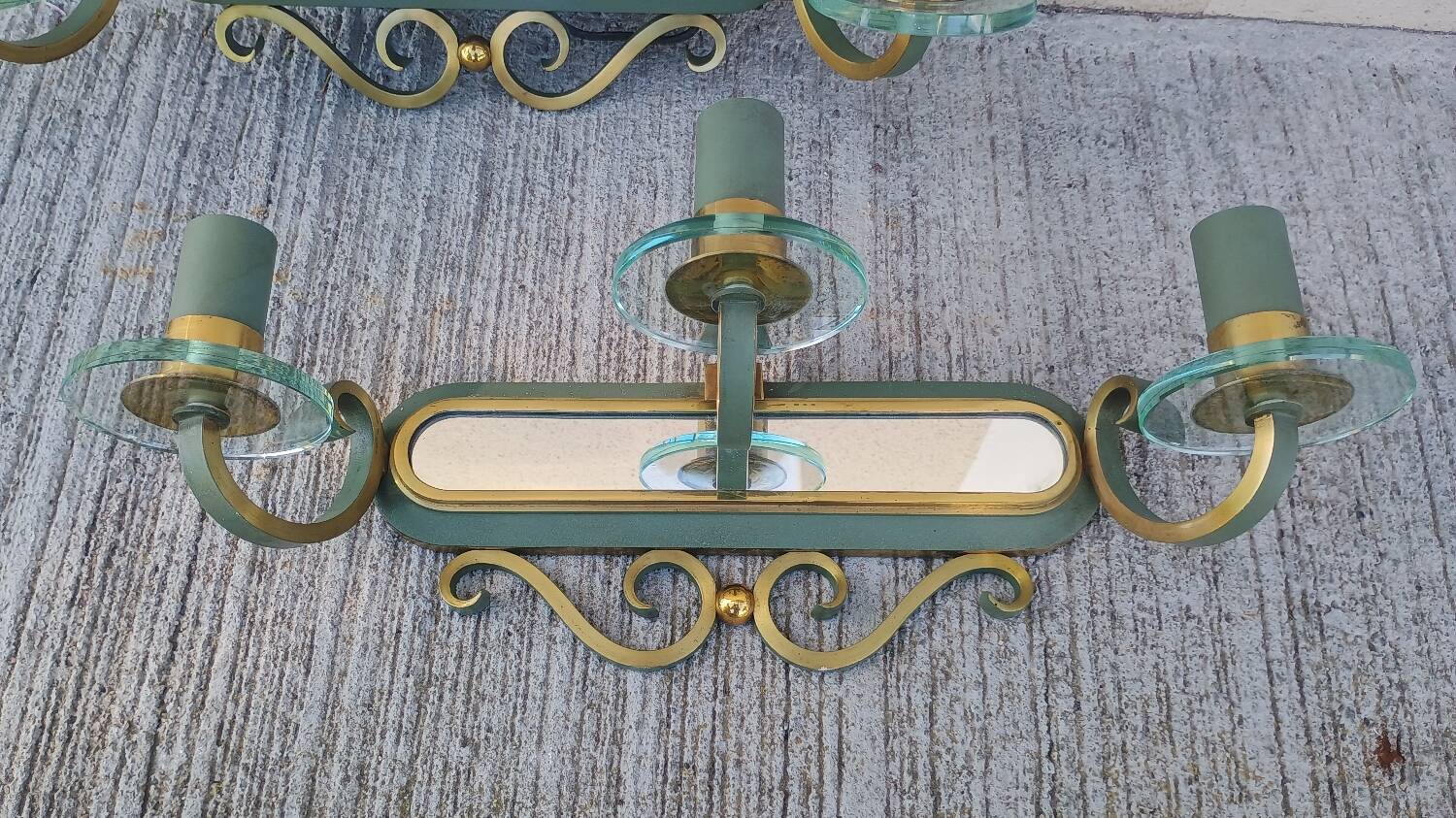 Art Deco luminaire pair of double wall sconces and mirror DLG SUBES AD