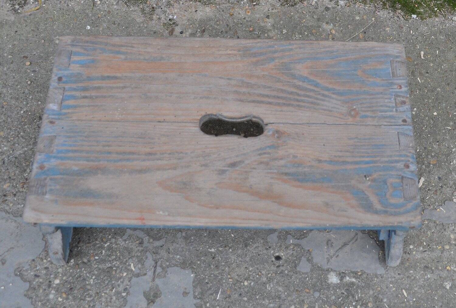 Rustic solid pine stool painted azure blue, low Hungarian farmhouse stool from the 1940s.