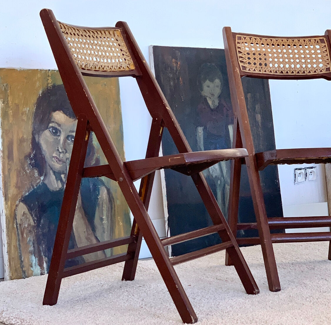 Pair of folding wooden chairs and canning