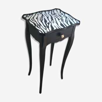 Dark blue zebra bedside table with silver leaf