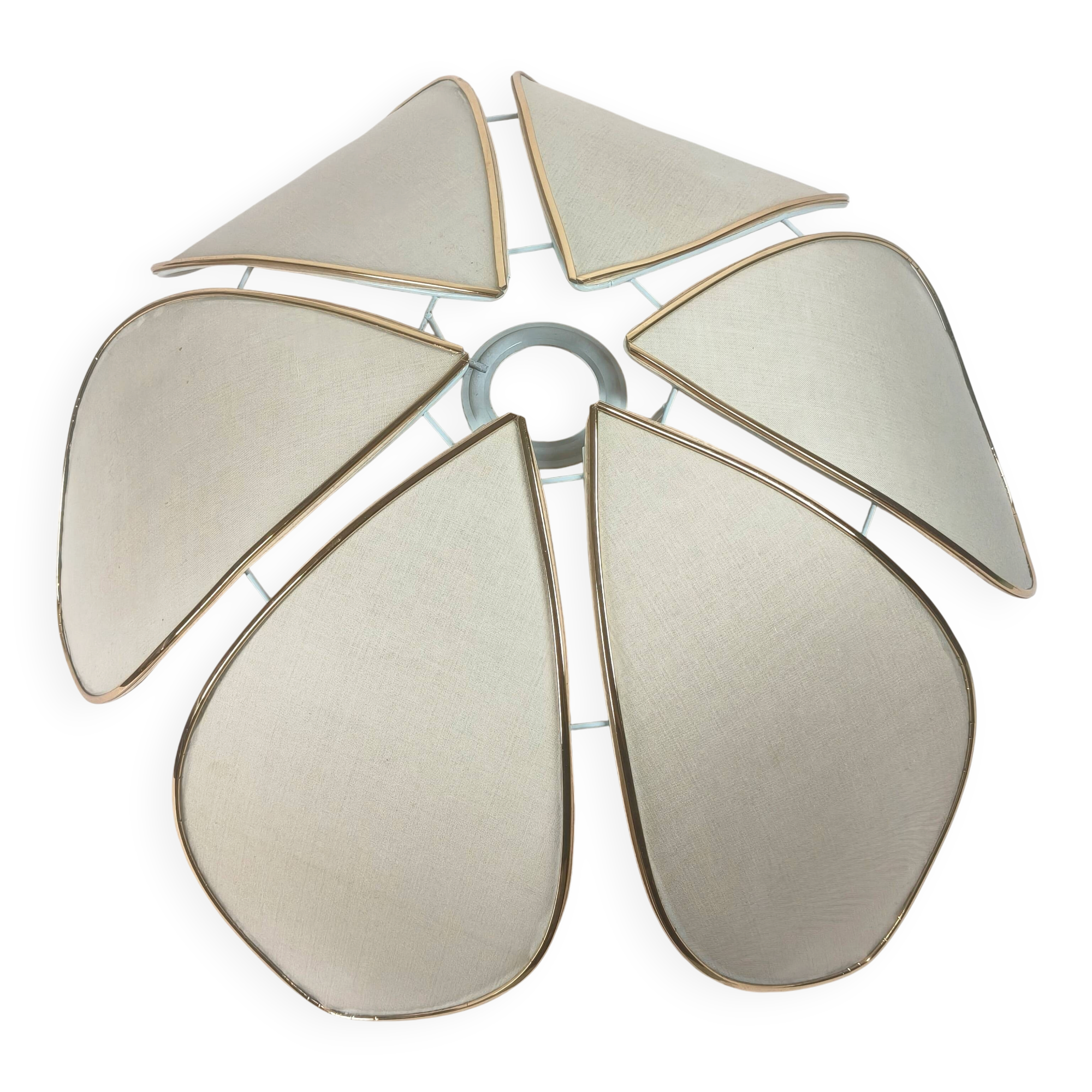 1970s ceiling light with floral design, light beige shade with gold finish.