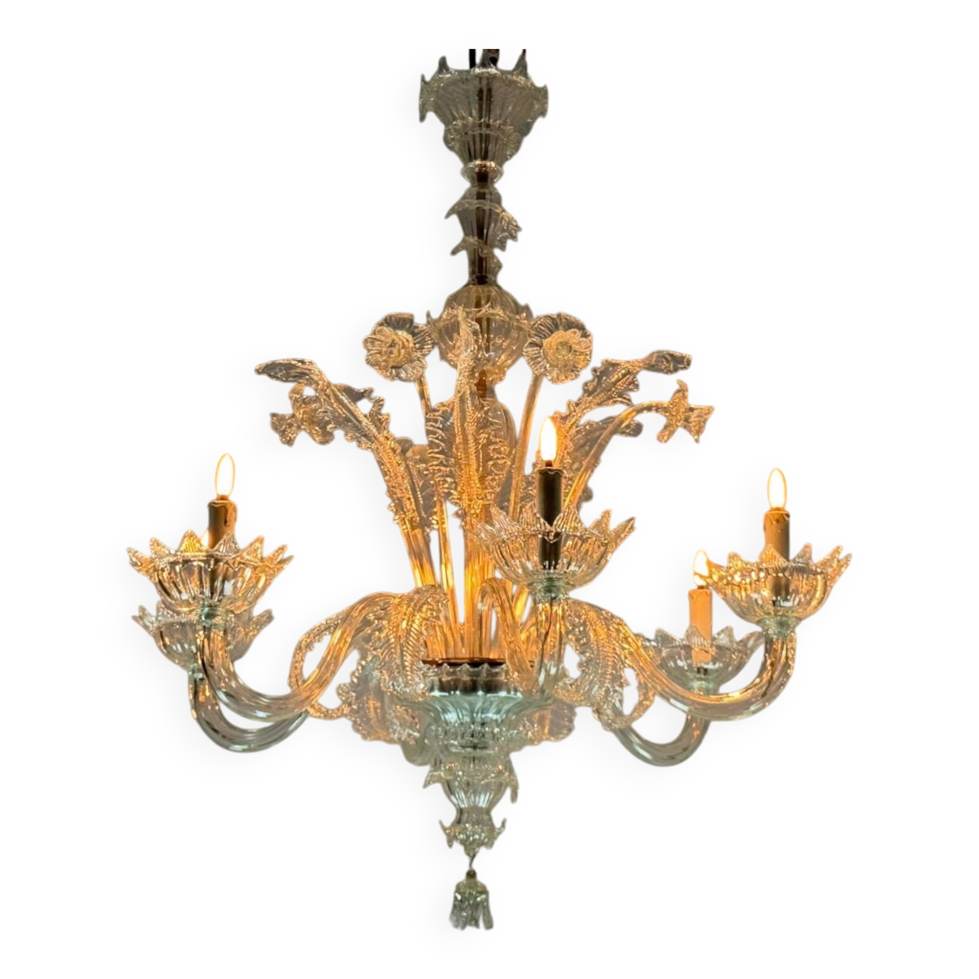 Venetian Chandelier in Colorless Murano Glass with 6 Lights, Circa 1930