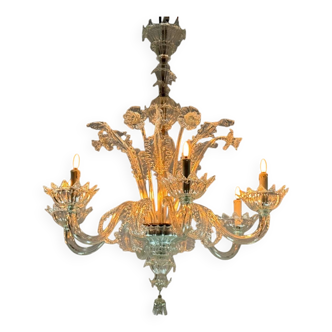 Venetian Chandelier in Colorless Murano Glass with 6 Lights, Circa 1930