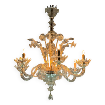 Venetian Chandelier in Colorless Murano Glass with 6 Lights, Circa 1930