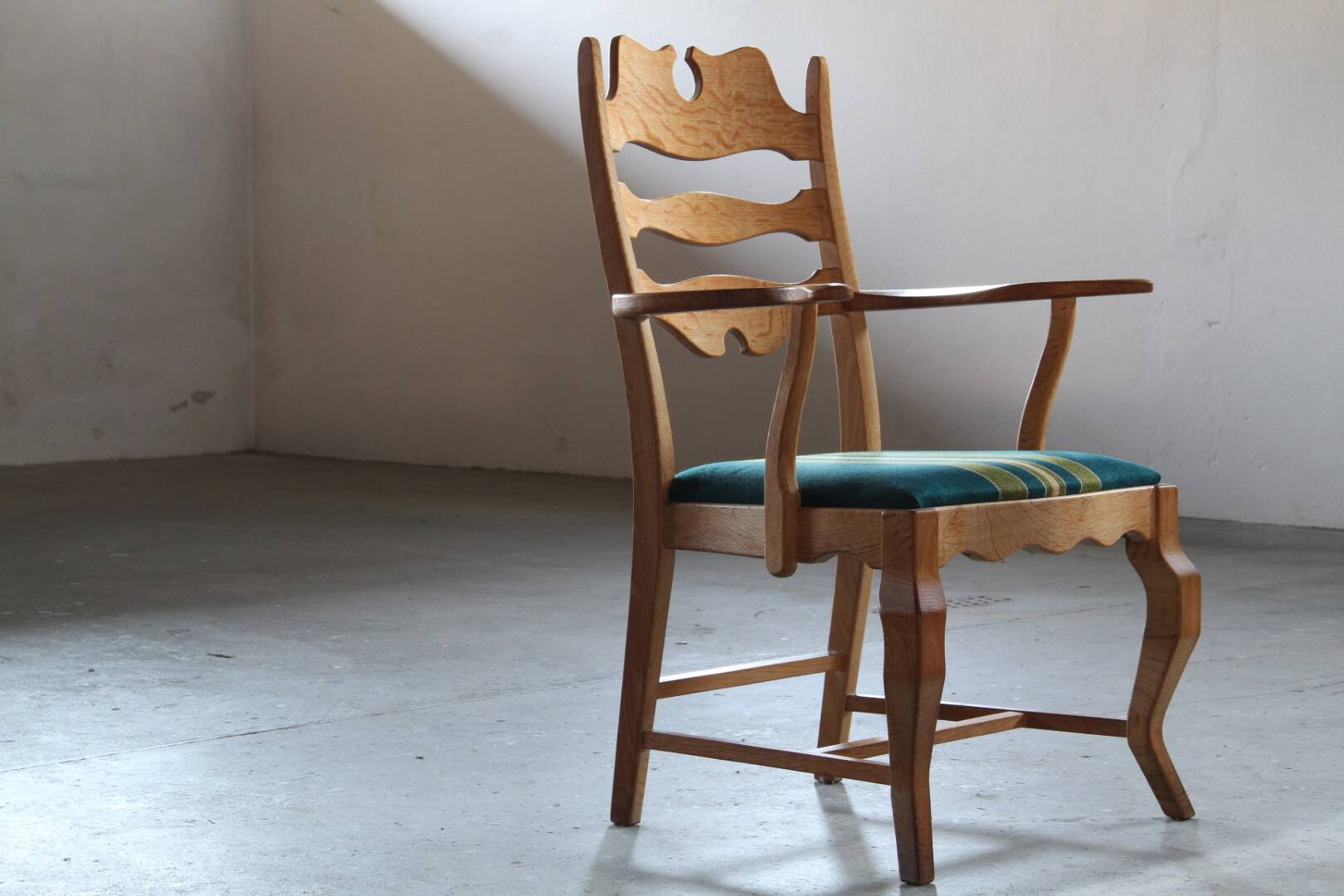 Vintage Brutalist Oak Razorblade Green Striped Armchair by H Kjærnulf, 1960
