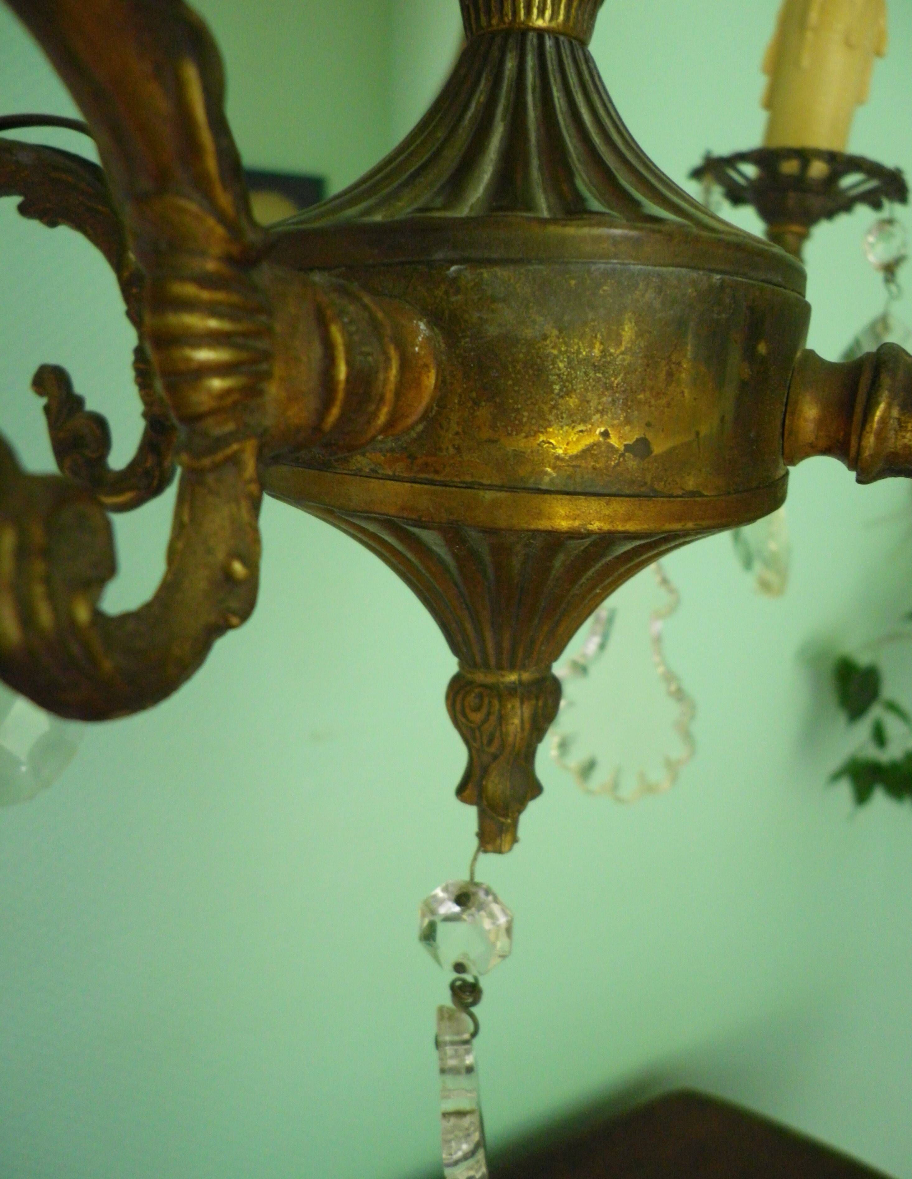 Rococo chandelier with crystal pendants, 4 lights, brass and metal 1950/1960