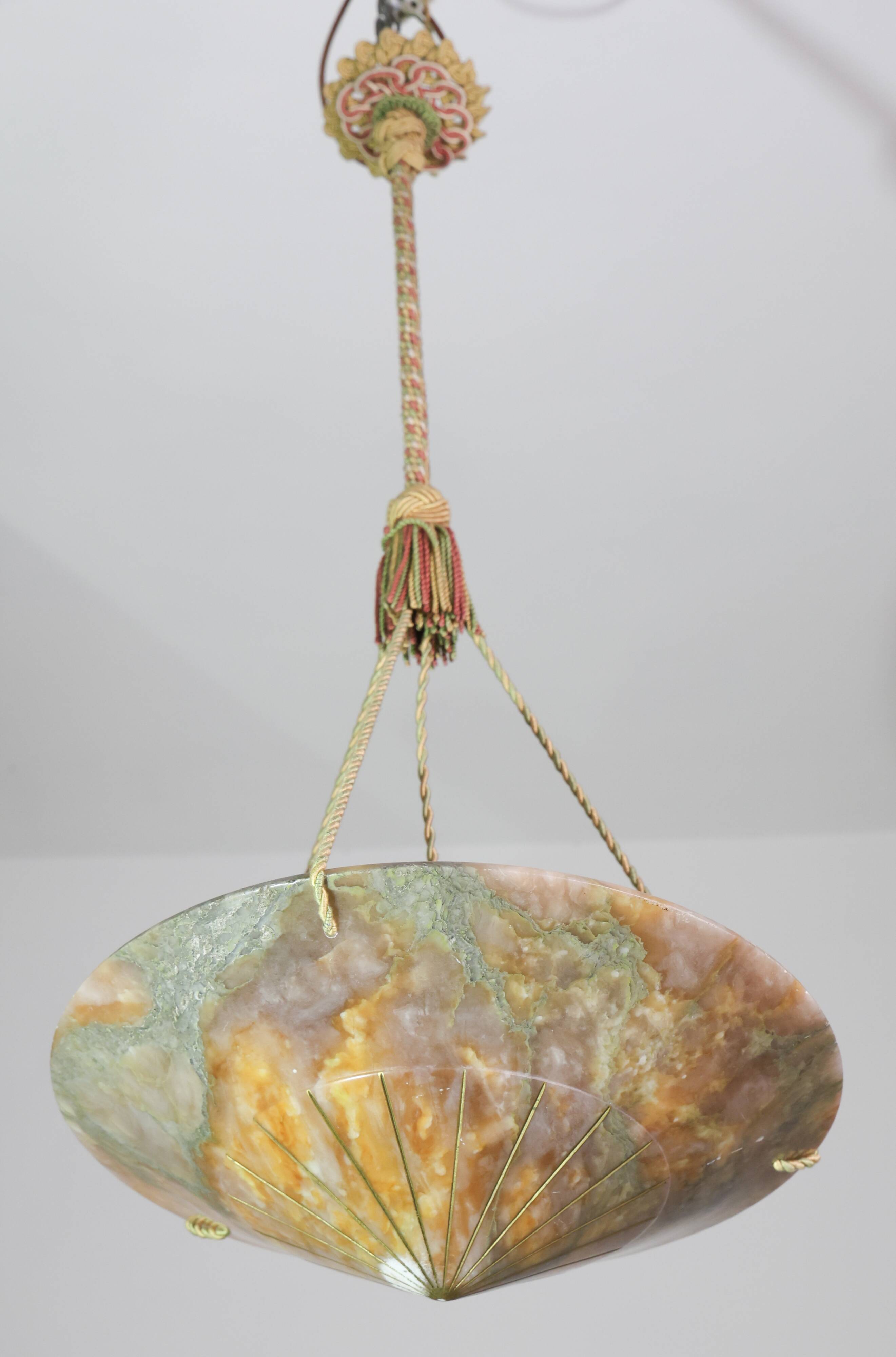 Extra Large Antique Art Decò Liberty Alabaster Chandelier, 1940s
