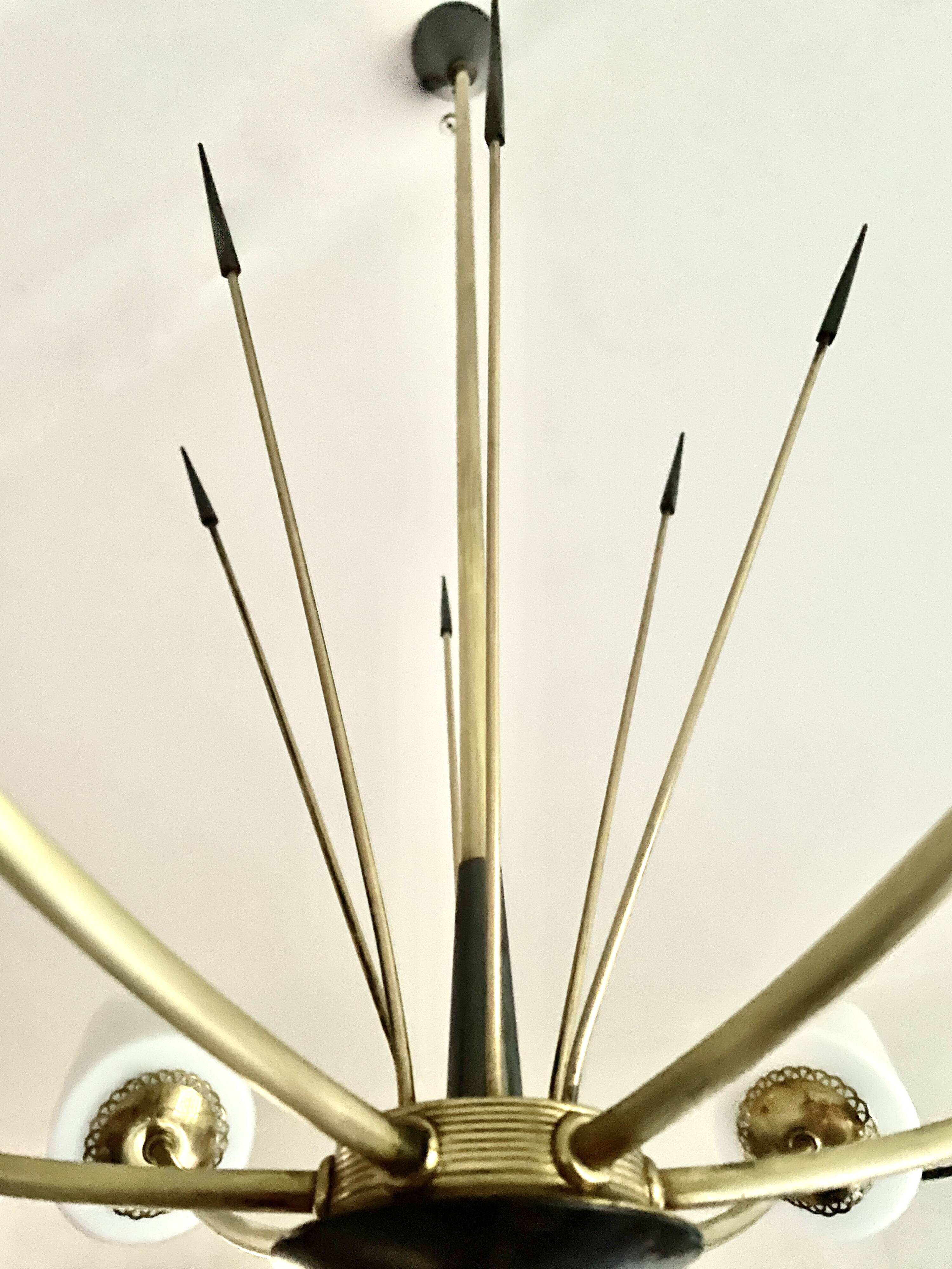 Large chandelier with 6 opaline tulip shades and 6 anthracite points, 1950