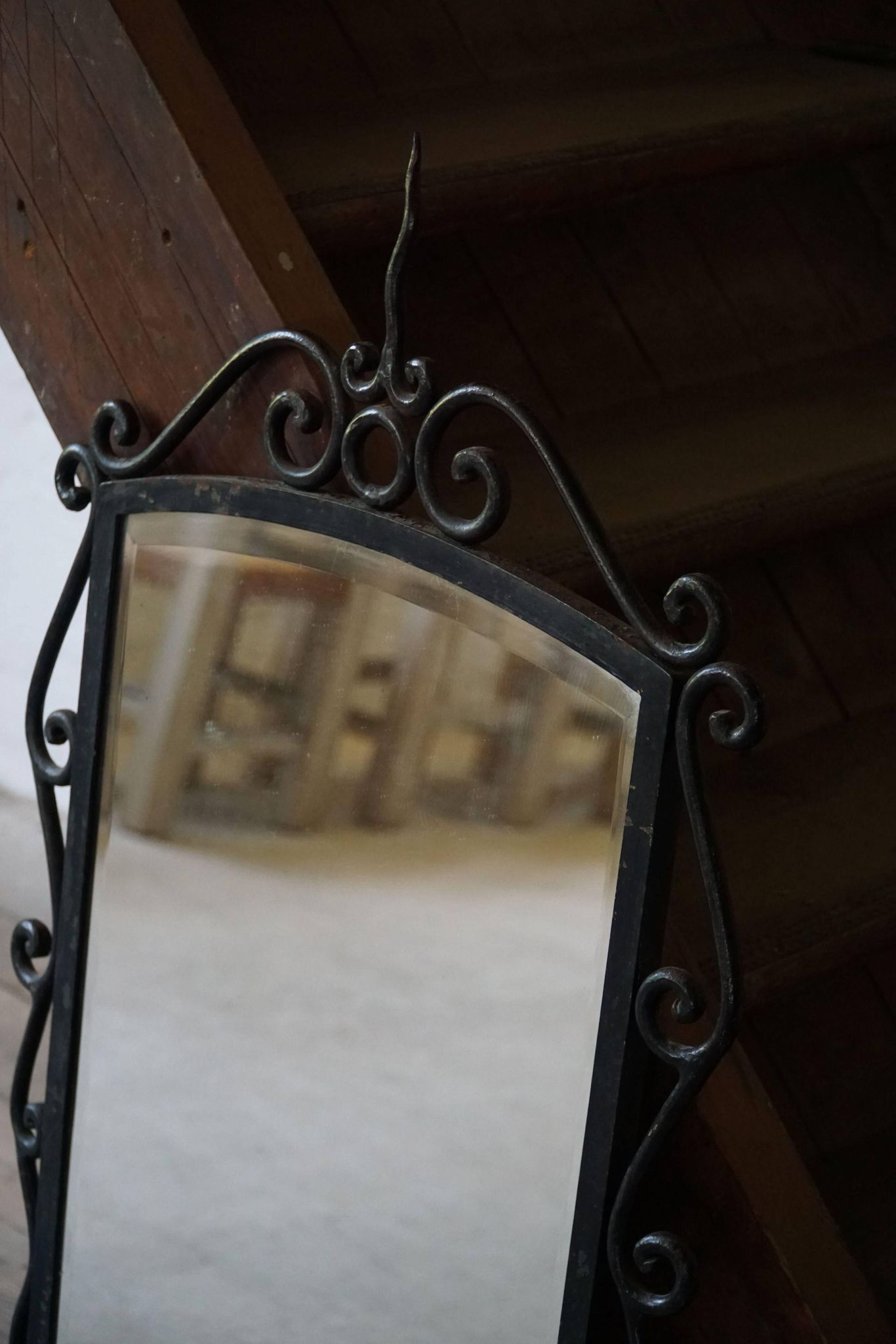 French mid-century brutalist wall mirror in wrought iron, made in the 1950s.