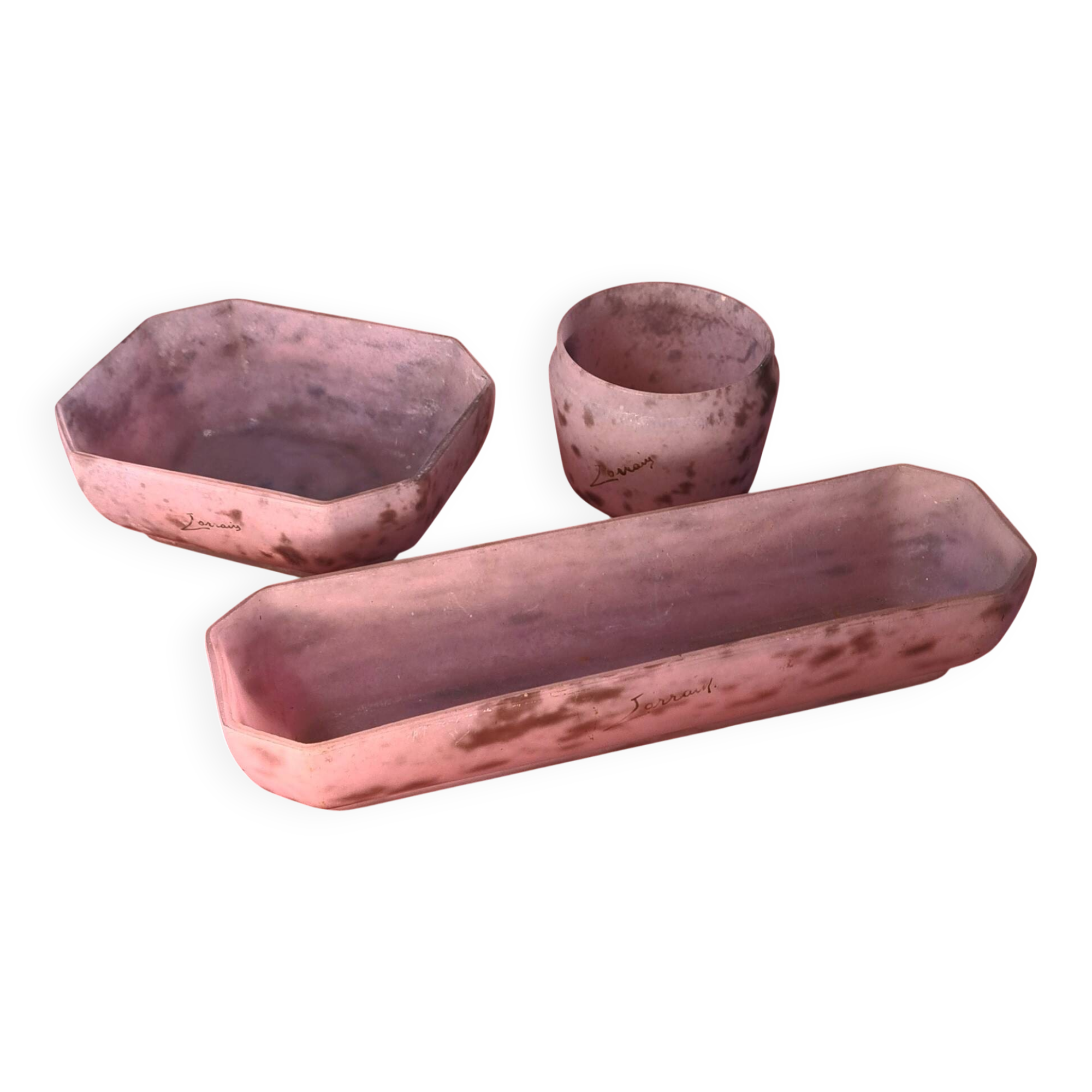 set of 3 pink glass paste 1920 signed Lorrain 23x13 good condition