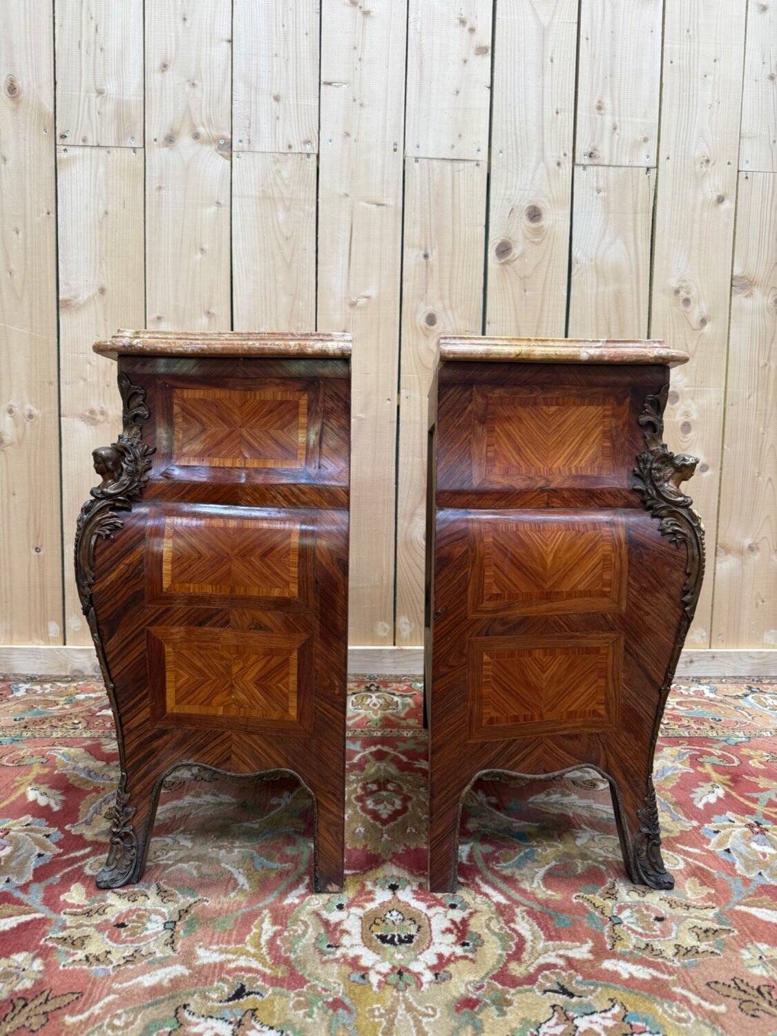 Pair of small bombe chests – Louis XV style – Marquetry & Marble –