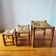 Set of 3 small wooden and straw benches/stools Vintage 60-70s