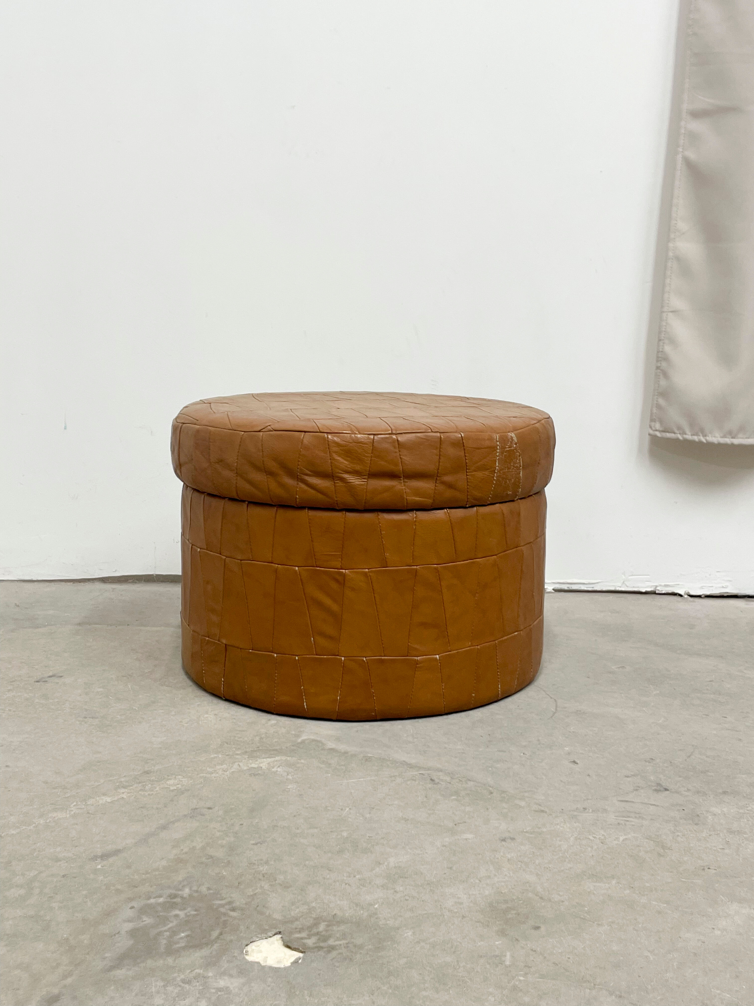 Brown leather patchwork storage pouffe