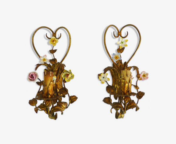Paire d'appliques murales italienne Bassano en métal doré, année 50