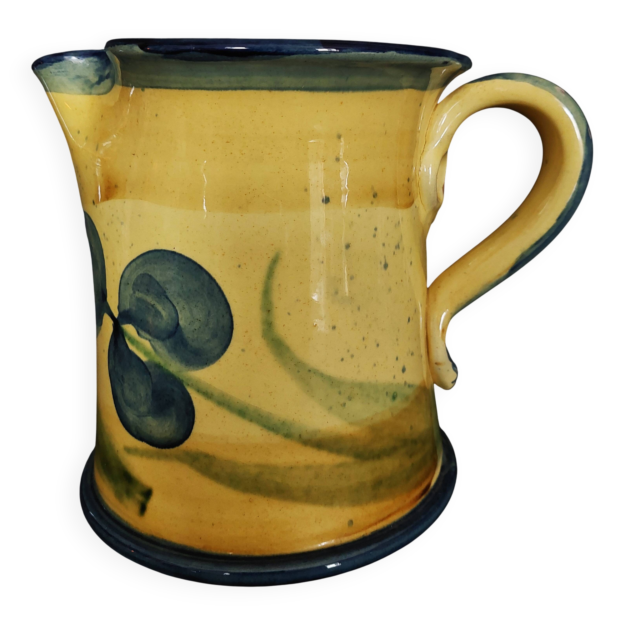 Vintage earthenware pitcher with a glossy finish, signature to be identified, 20th-century ceramics.