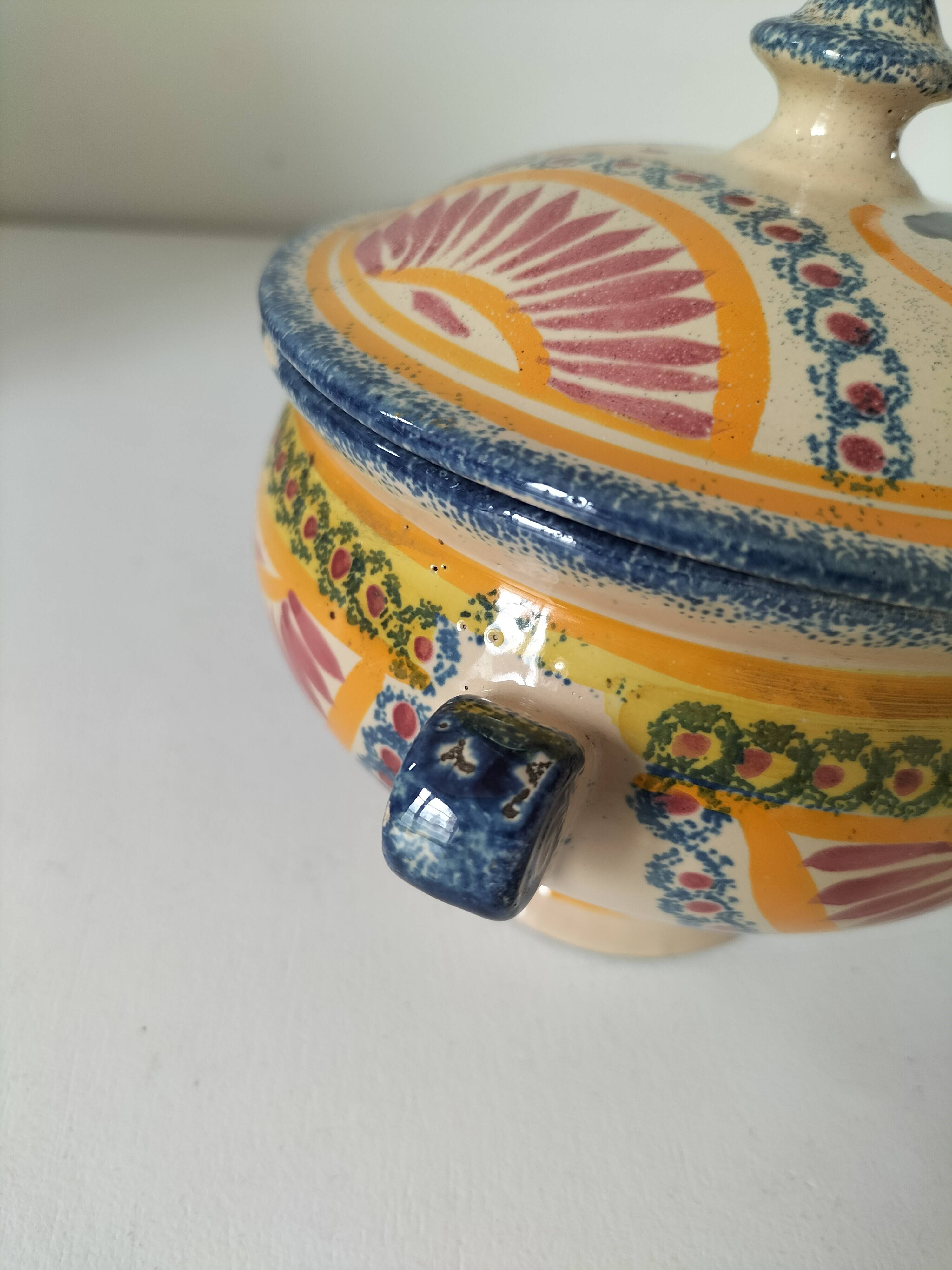 Rare old Quimper candy box decorated with pink basket and Breton portrait