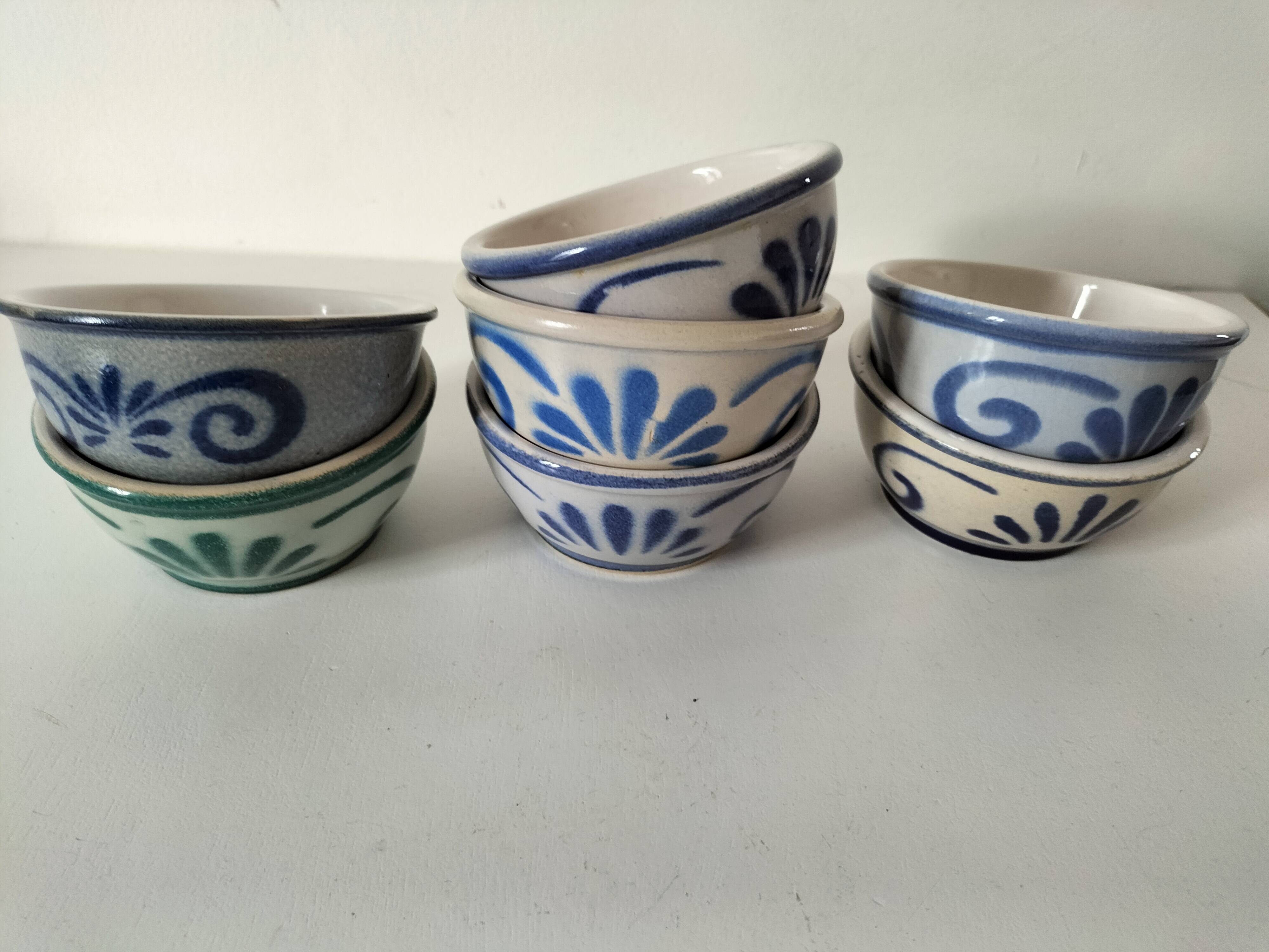 7 stoneware bowls with blue and green ocean-inspired decoration