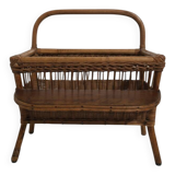 Vintage rattan magazine rack with side shelf - Bohemian style