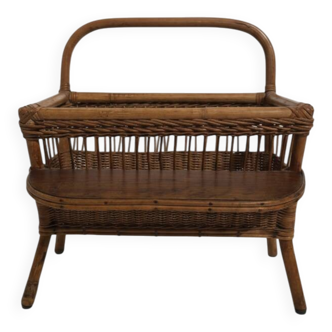 Vintage rattan magazine rack with side shelf - Bohemian style