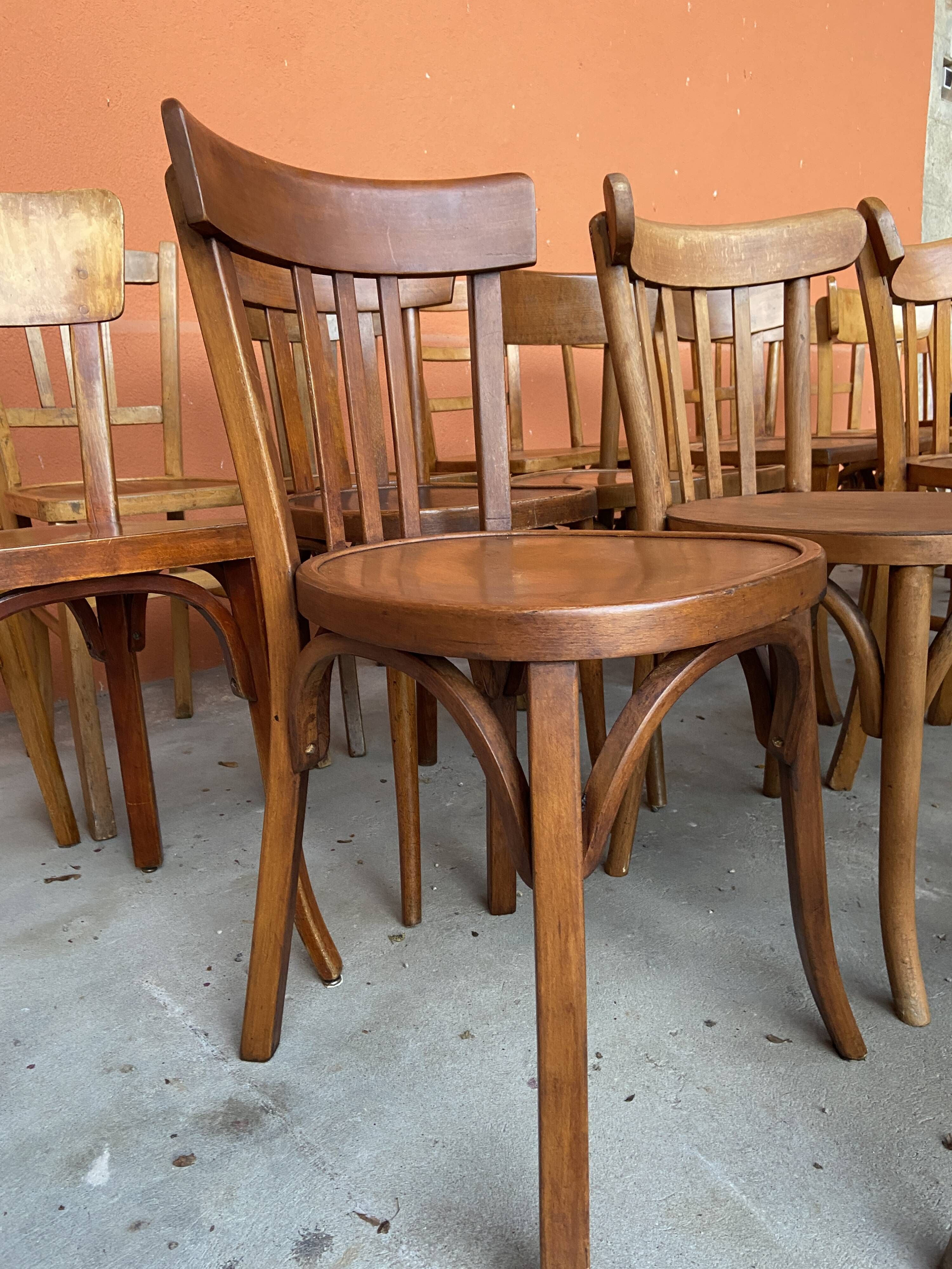 Set of 30 mismatched bistro chairs French Restaurant curved wood