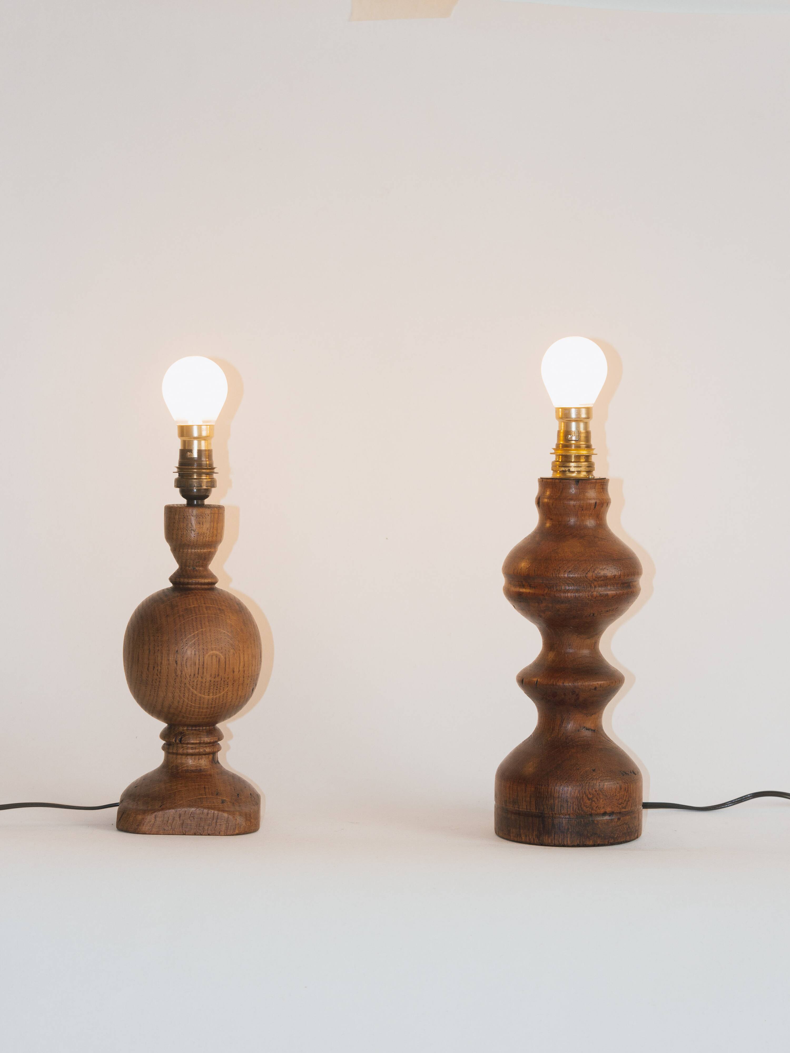 2 turned wooden lamp bases, 1940s-1960s