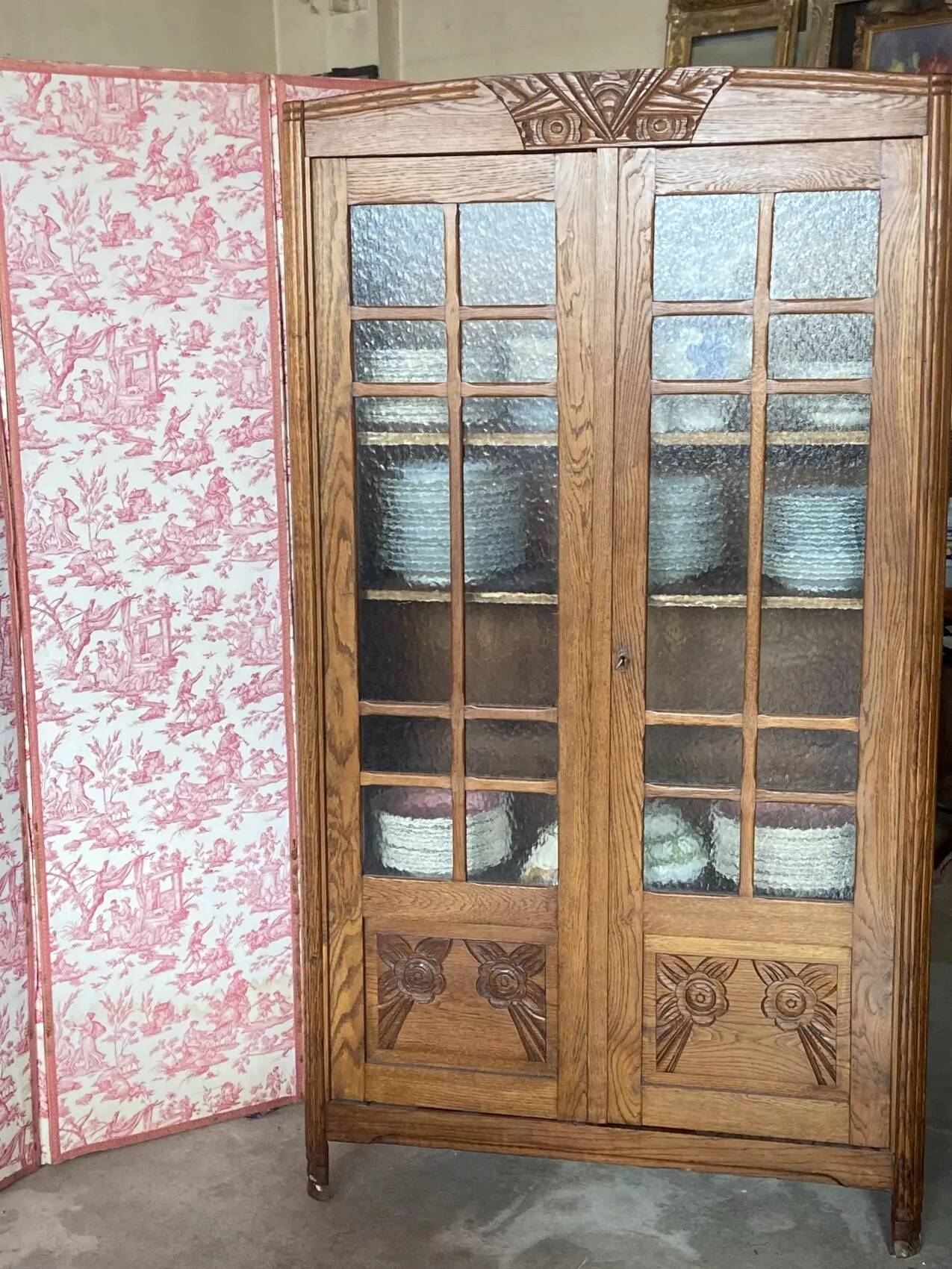 Small Art Deco period oak cabinet with glass front
