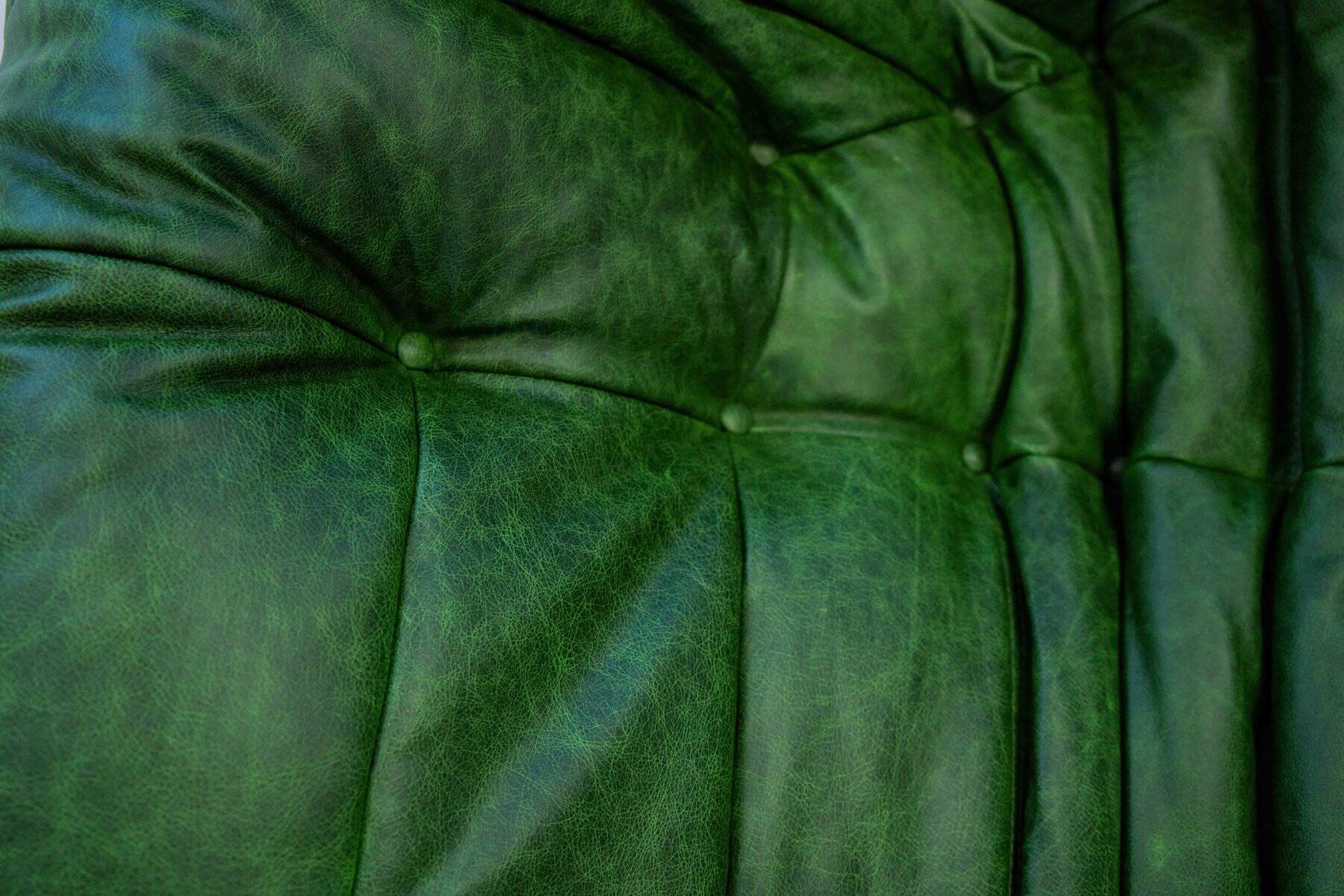 Vintage two-seat Togo sofa with arms in green leather by Michel Ducaroy for Ligne Roset, 1970s