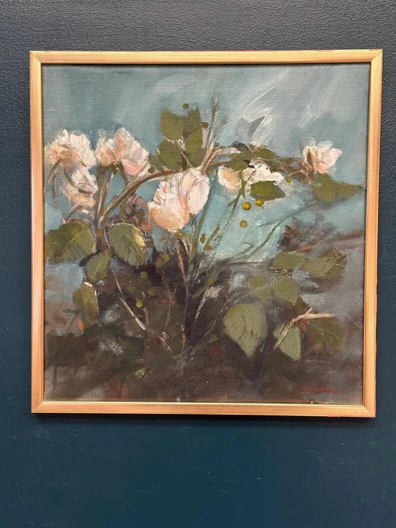 Original Swedish Oil on Canvas – “White Flowers” by M. Jakobsson – Signed – Vintage & Framed – 46 × 44 cm (18.1" × 17.3")
