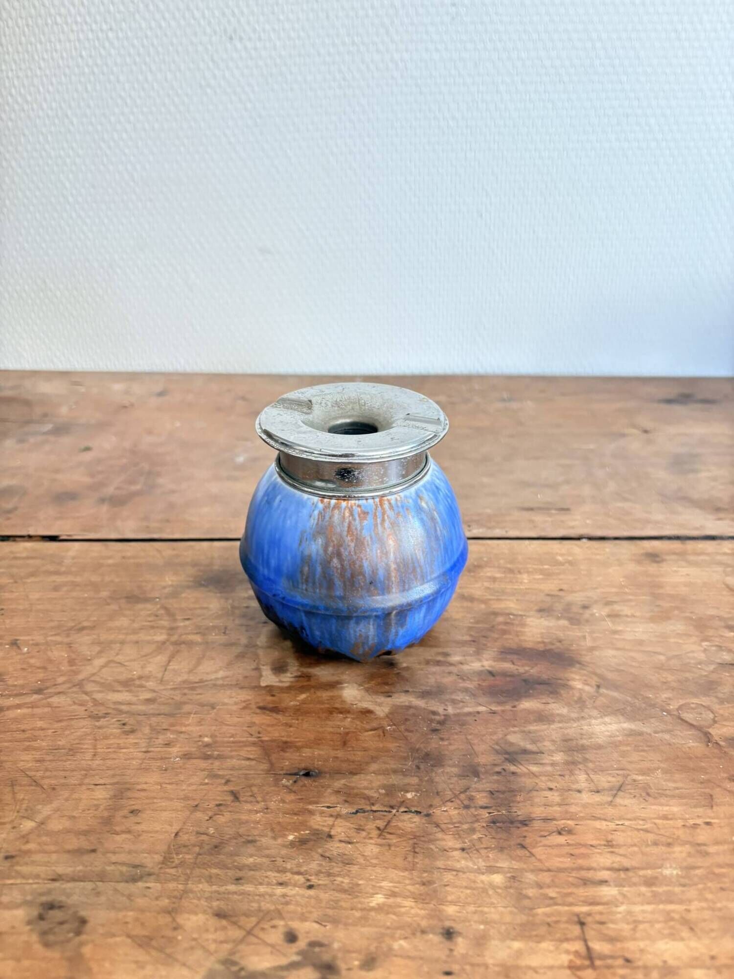 Toad Ashtray No-Smoke Blue Flamed Ceramic and Chrome Metal Art Deco