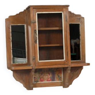 Art Deco wall display case with patinated old teak mirrors and original piece from India