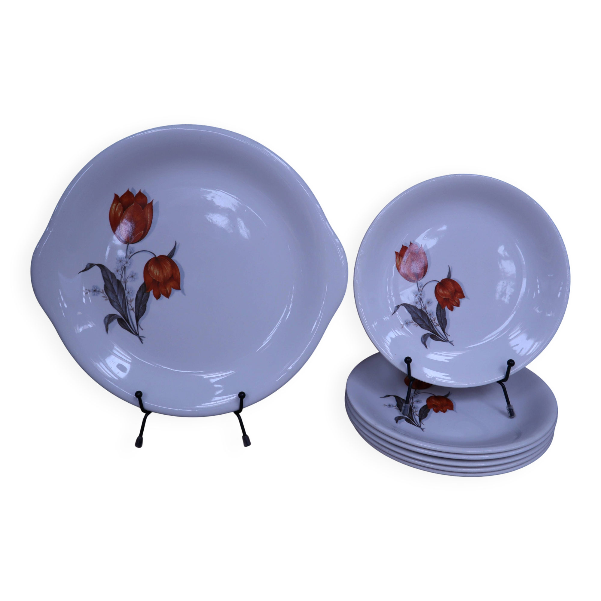 Set of 6 dessert plates and its cake dish Moulin des Loups.