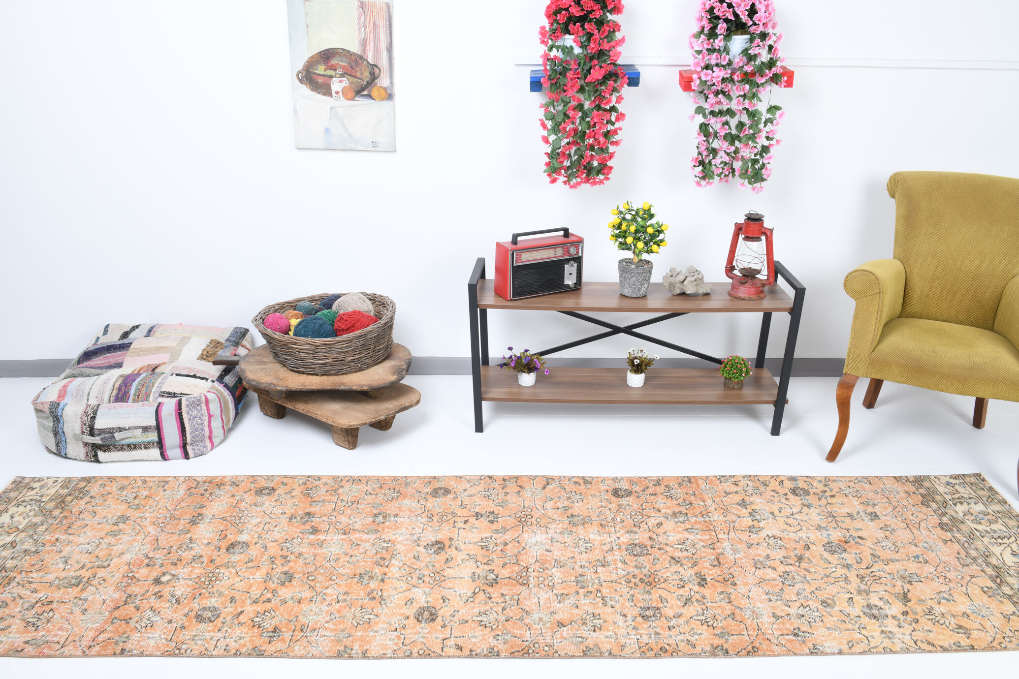 Tapis floral orange vintage, 340x85cm
