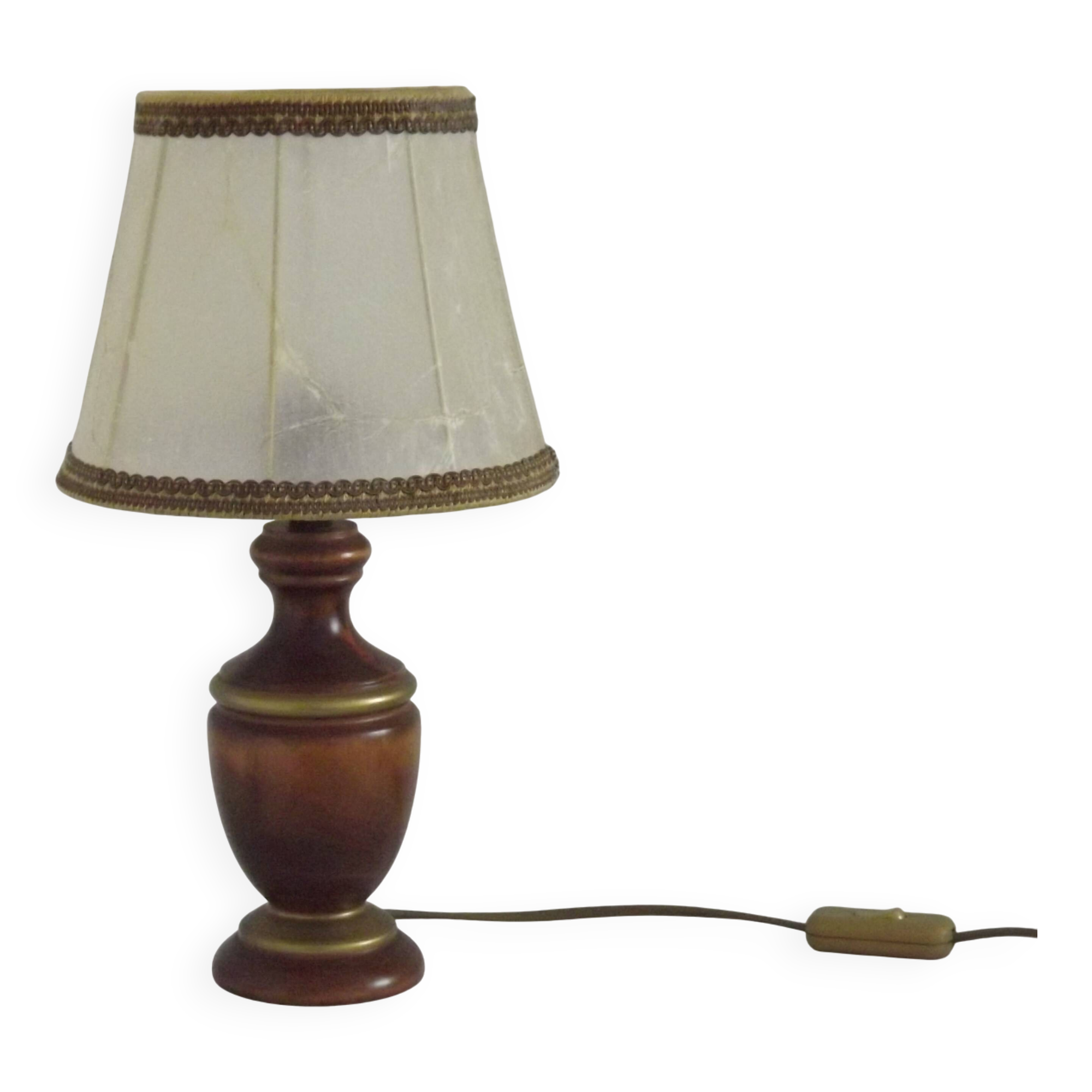 French Mid-Century Round Turned Wood Table Lamp with Hide Skin Shade