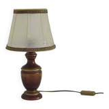French Mid-Century Round Turned Wood Table Lamp with Hide Skin Shade