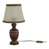 French Mid-Century Round Turned Wood Table Lamp with Hide Skin Shade