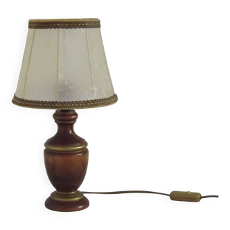 French Mid Century Round Turned Wood Table Lamp With Hide Skin Shade
