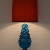 Turquoise glazed ceramic floral table lamp from Manises mid-century, with a new silk shade.