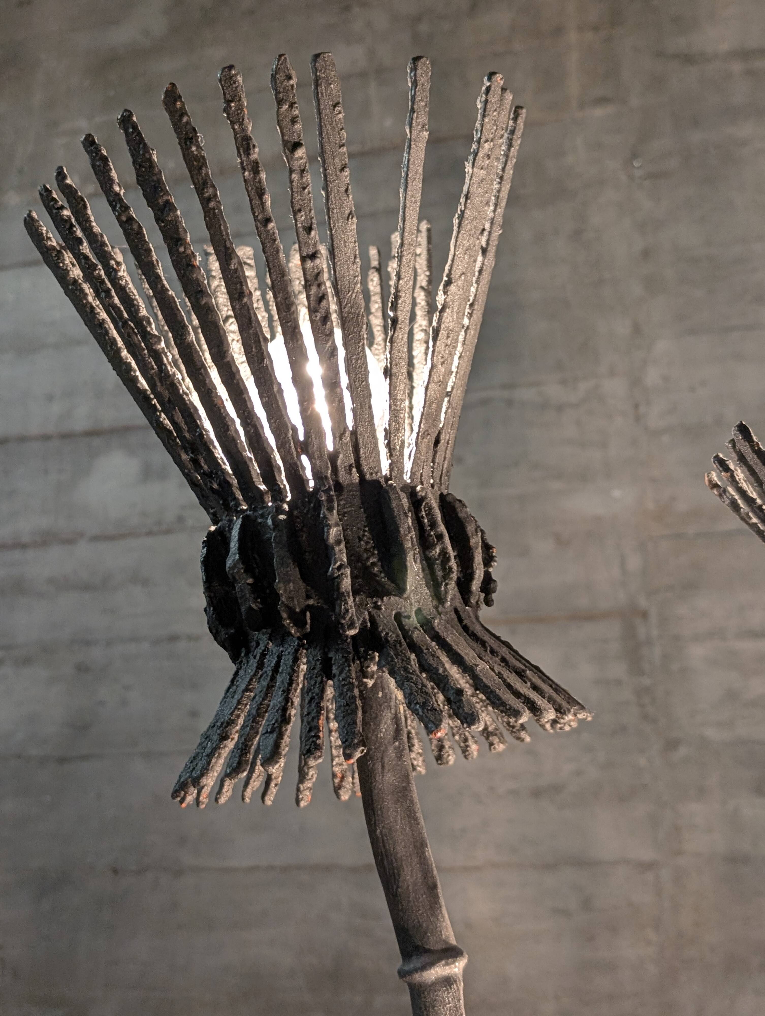 Brutalist floor lamp with five thistle-shaped lights in black wrought iron, 1970s