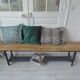Bench metal structure and cross slate gray wood, waxed seat medium oak.